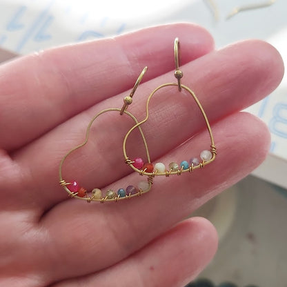 Rainbow Gemstone Wire Wrapped Heart Dangle Earrings