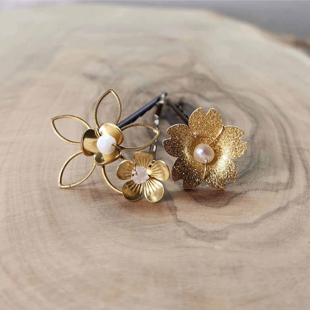 Brass Flower and Mother of Pearl, Pearl, Moonstone Hairpins
