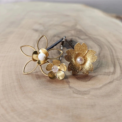 Brass Flower and Mother of Pearl, Pearl, Moonstone Hairpins