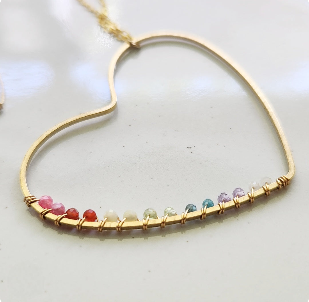 Rainbow Gemstone Wire Wrapped Heart Pendant Necklace