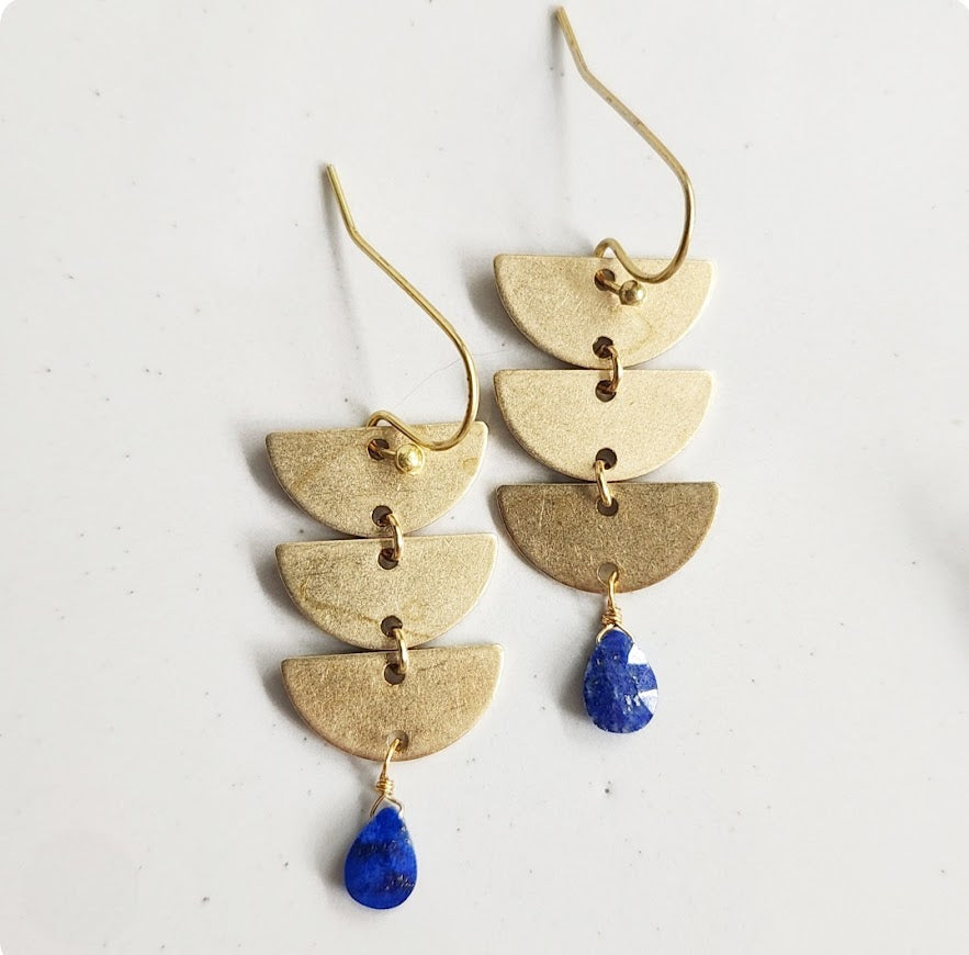 Brass Crescent Moon Phase and Lapis Lazuli Dangle Earrings