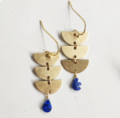 Brass Crescent Moon Phase and Lapis Lazuli Dangle Earrings