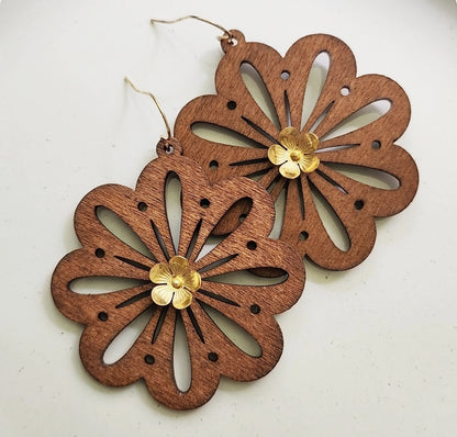 Wood & Brass Flower Boho Dangle Earrings, Polka Dot Details