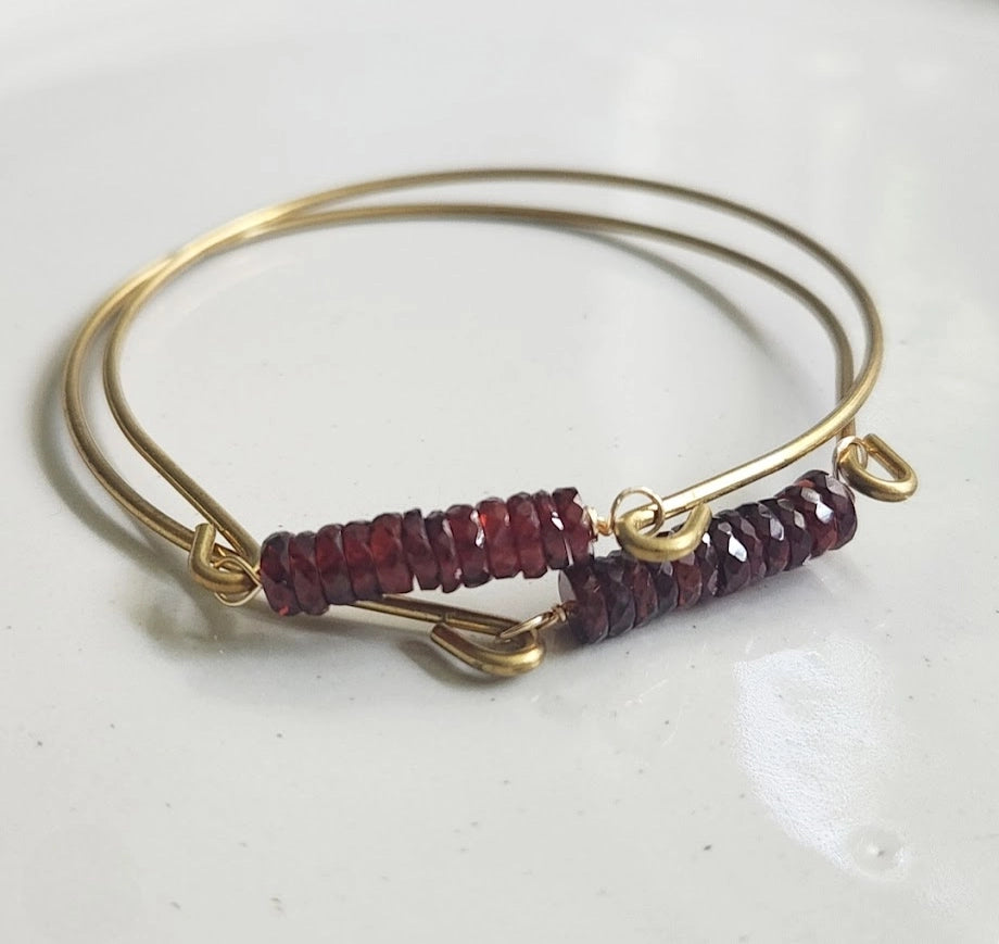 Natural Gemstone and Brass Stackable Beaded Bangle Bracelets