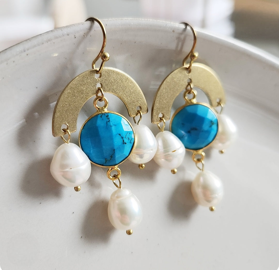Turquoise and Pearl with Brass Chandelier Dangle Earrings