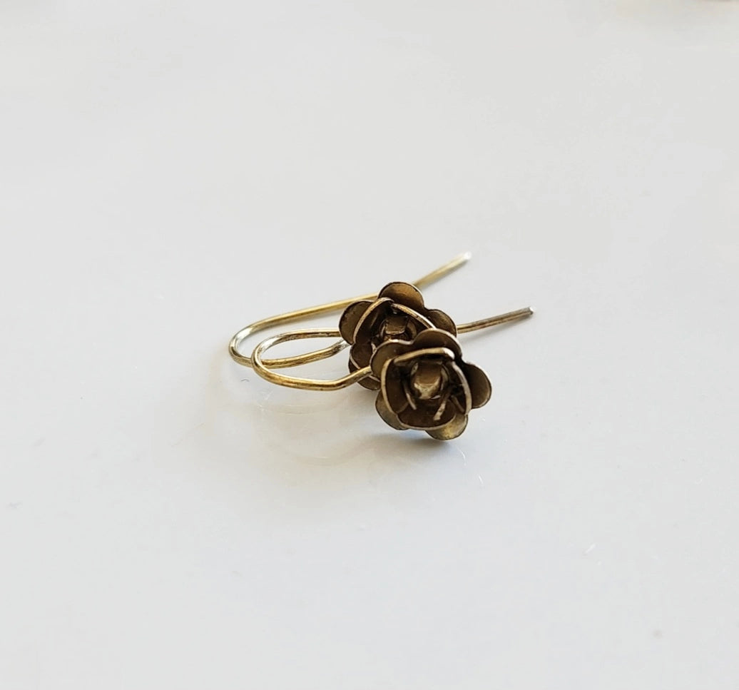 Antiqued and Golden Brass Rosette Flower Dangle Earrings