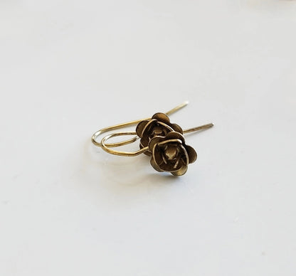 Antiqued and Golden Brass Rosette Flower Dangle Earrings