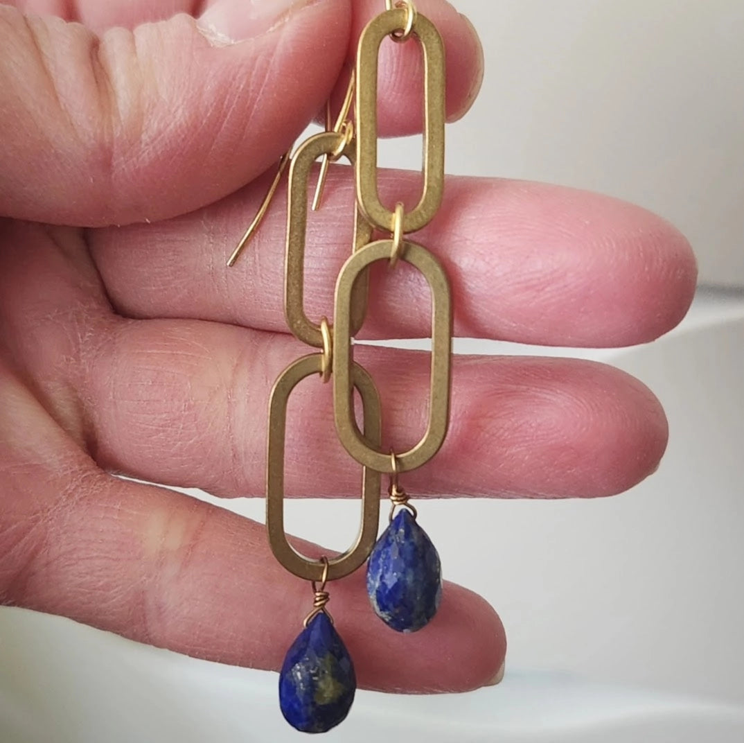 Brass Oval, Lapis Lazuli and Pearl Statement Dangle Earrings