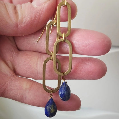 Brass Oval, Lapis Lazuli and Pearl Statement Dangle Earrings