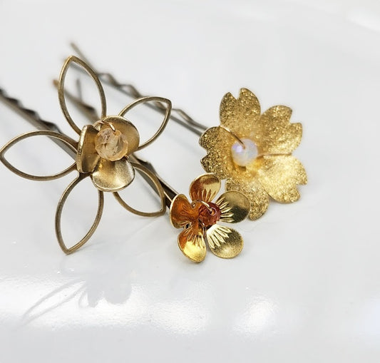 Brass Flower with Citrine and Ethiopian Opal Hairpins