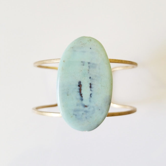 Blue Robin's Egg Agate and Brass Adjustable Cuff Bracelet