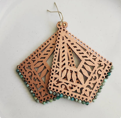 Turquoise and Copper Wrapped Rose Gold Wood Dangle Earrings