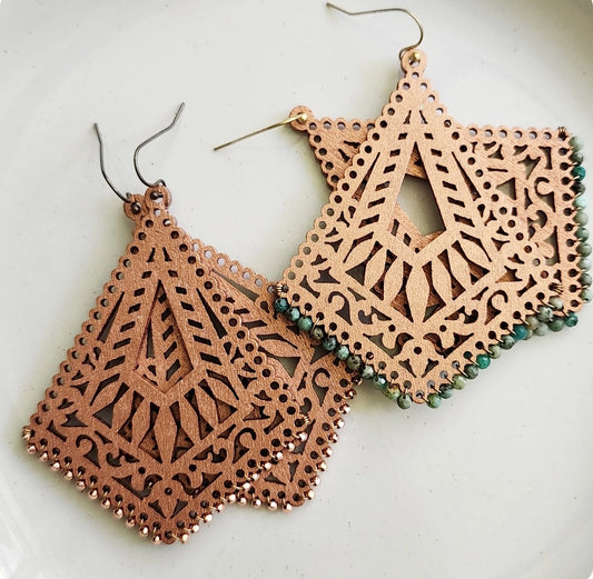 Turquoise and Copper Wrapped Rose Gold Wood Dangle Earrings