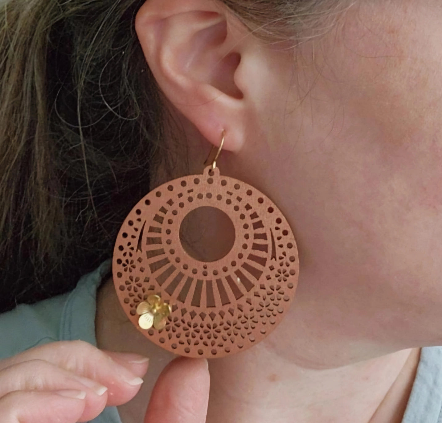 Wood & Brass Flower Boho Dangle Earrings, Polka Dot Details