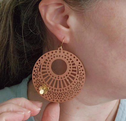 Wood & Brass Flower Boho Dangle Earrings, Polka Dot Details