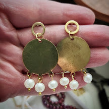 Freshwater Pearl and Brass Circle Chandelier Post Earrings