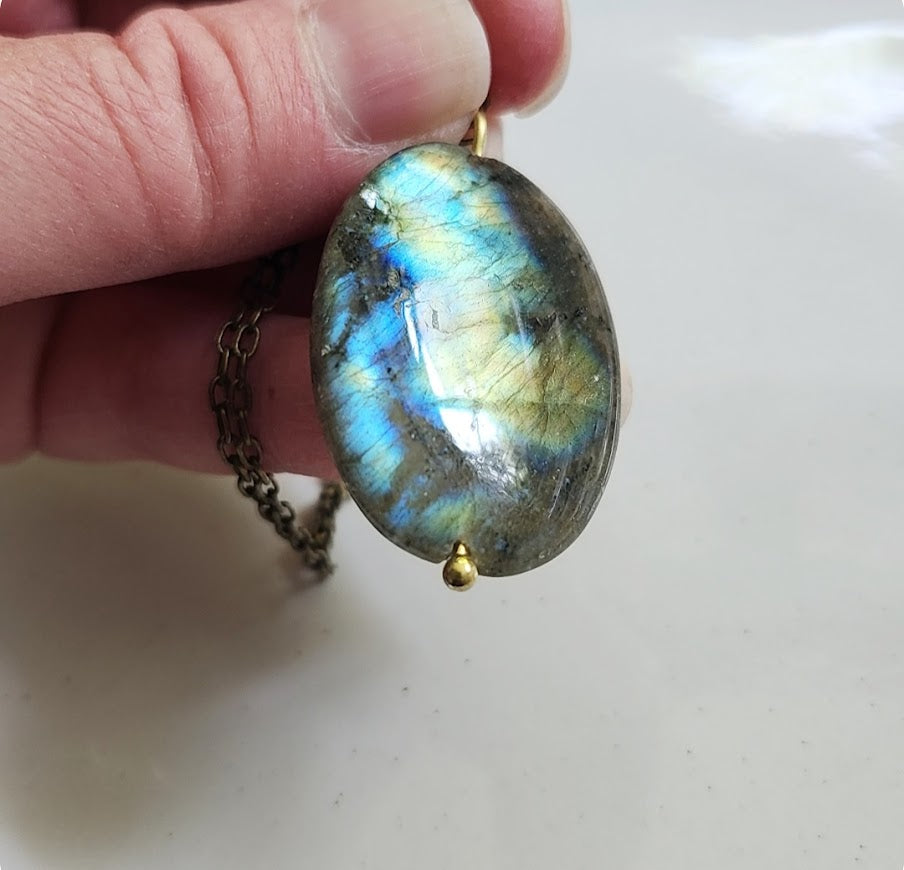Rainbow Labradorite & Antiqued Brass Chain Pendant Necklace