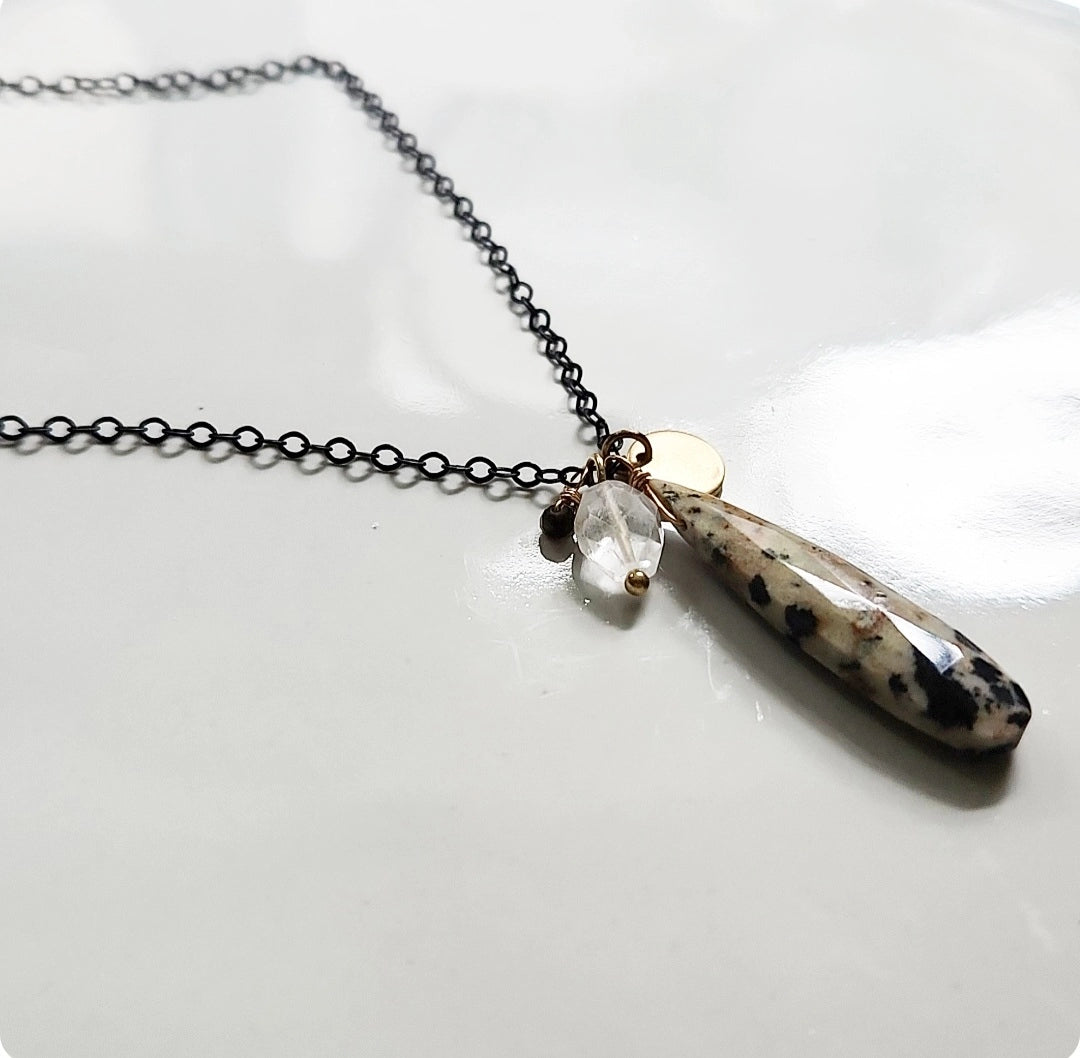 Dalmatian Jasper & Gemstone Cluster Pendant On Black Brass