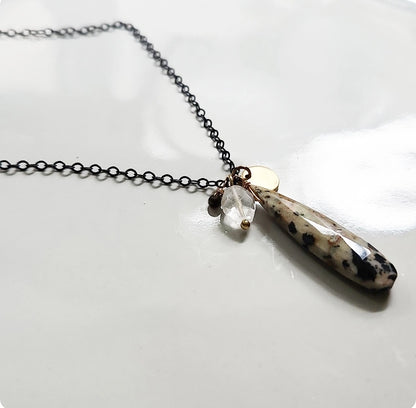 Dalmatian Jasper & Gemstone Cluster Pendant On Black Brass