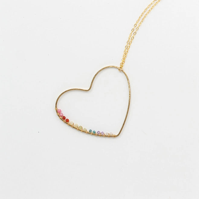 Rainbow Gemstone Wire Wrapped Heart Pendant Necklace