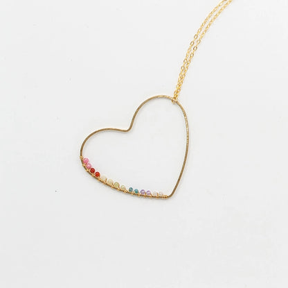 Rainbow Gemstone Wire Wrapped Heart Pendant Necklace