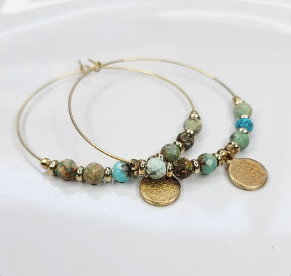 Amethyst & Turquoise with Lotus Charm Beaded Hoop Earrings