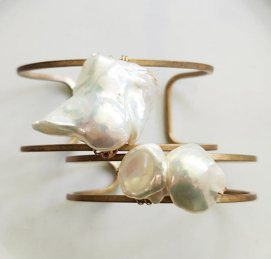 Bold Natural Baroque Pearl Wrapped Brass Cuff Bracelet
