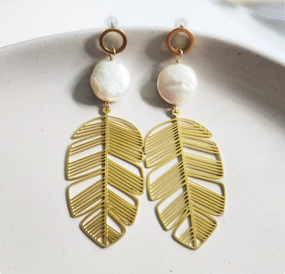 Freshwater Pearl and Monstera Leaf Post and Dangle Earrings
