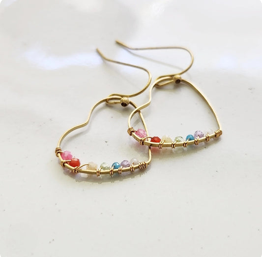 Rainbow Gemstone Wire Wrapped Heart Dangle Earrings