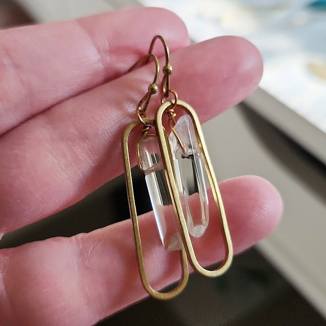 Clear Quartz Crystal and Brass Oval Pendant and Earrings