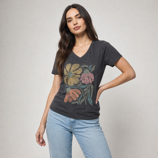 Faded Funky Floral Print - Super Soft V Neck
