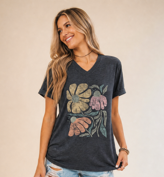 Faded Funky Floral Print - Short Sleeve V-Neck Tee