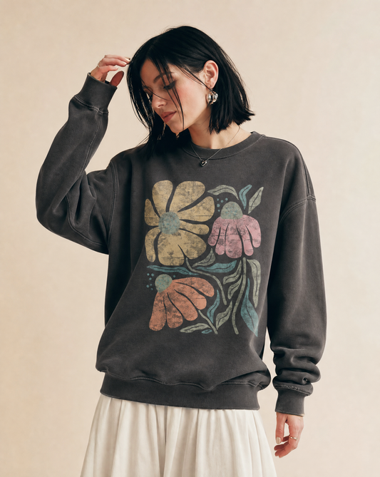 Faded Funky Floral Print - Comfort Colors Premium Heavyweight Sweatshirt