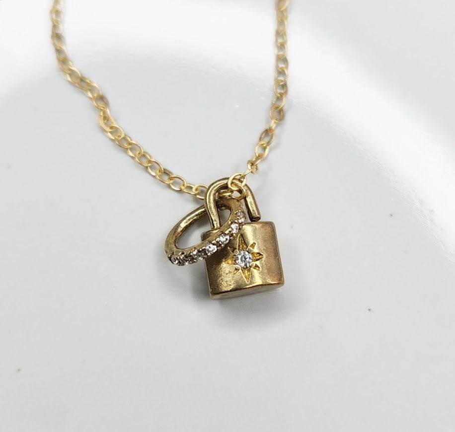 Brass and Cubic Zirconia Lock & Ring Charm Pendant Necklace