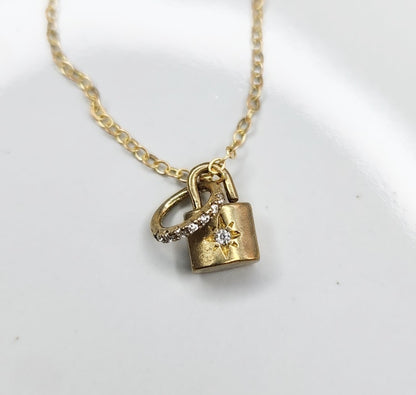 Brass and Cubic Zirconia Lock & Ring Charm Pendant Necklace