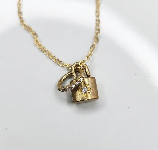 Brass and Cubic Zirconia Lock & Ring Charm Pendant Necklace