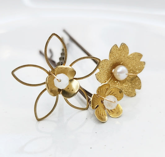 Brass Flower and Mother of Pearl, Pearl, Moonstone Hairpins