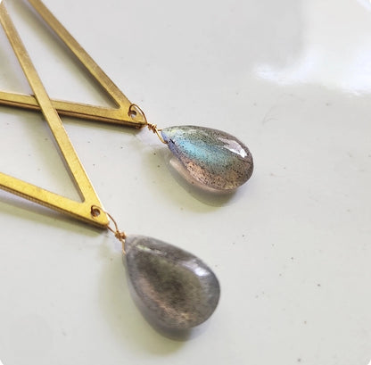 Bold Brass Triangles and Gemstone Statement Dangle Earrings