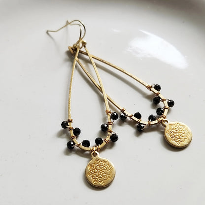 Gemstone and Brass Lotus Charm and Teardrop Dangle Earrings