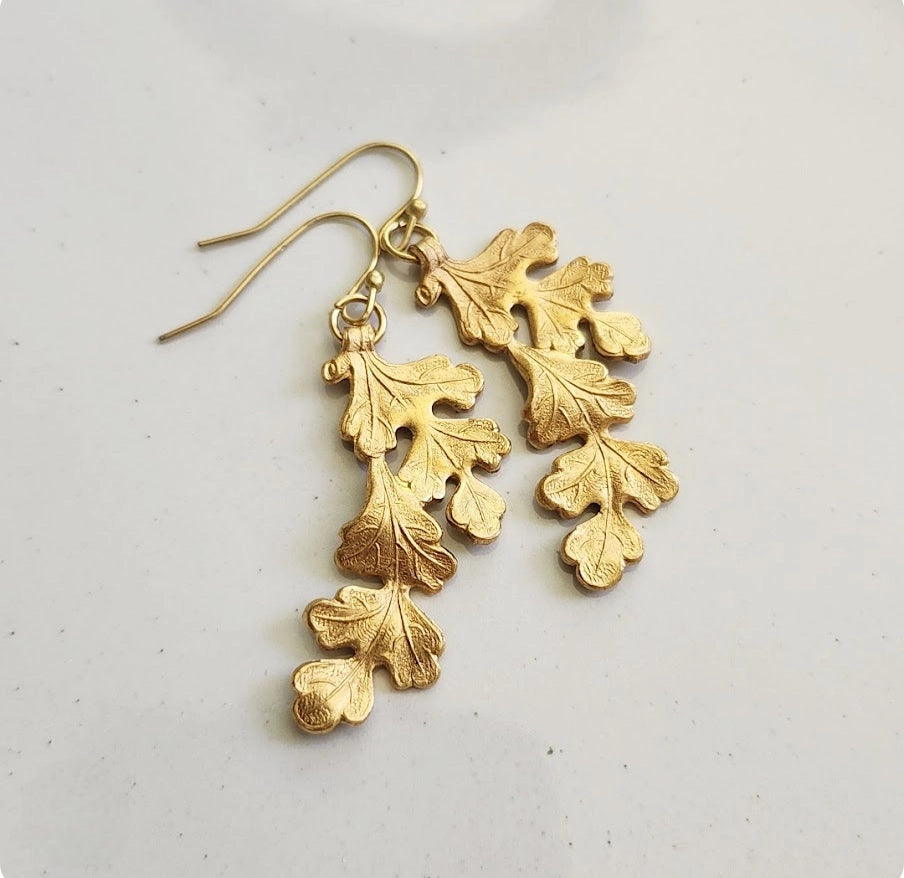 Brass Oak Leaf Cluster Earrings, Thanksgiving Style