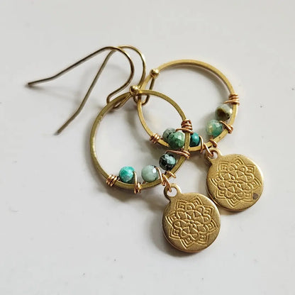 Gemstone & Lotus Charm Beaded Wire Wrapped Dangle Earrings