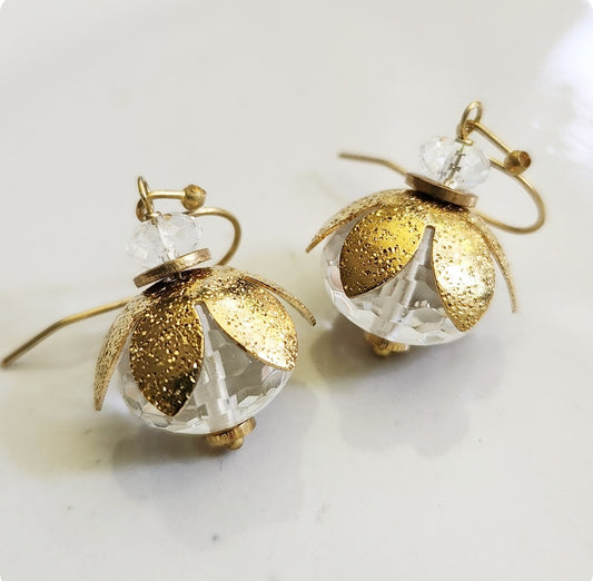Clear Faceted Quartz and Brass Lotus Bauble Dangle Earrings