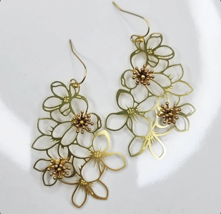 Brass Cherry Blossom/Dogwood Flower Inspired Earrings