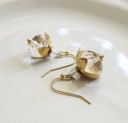 Clear Faceted Quartz and Brass Lotus Bauble Dangle Earrings