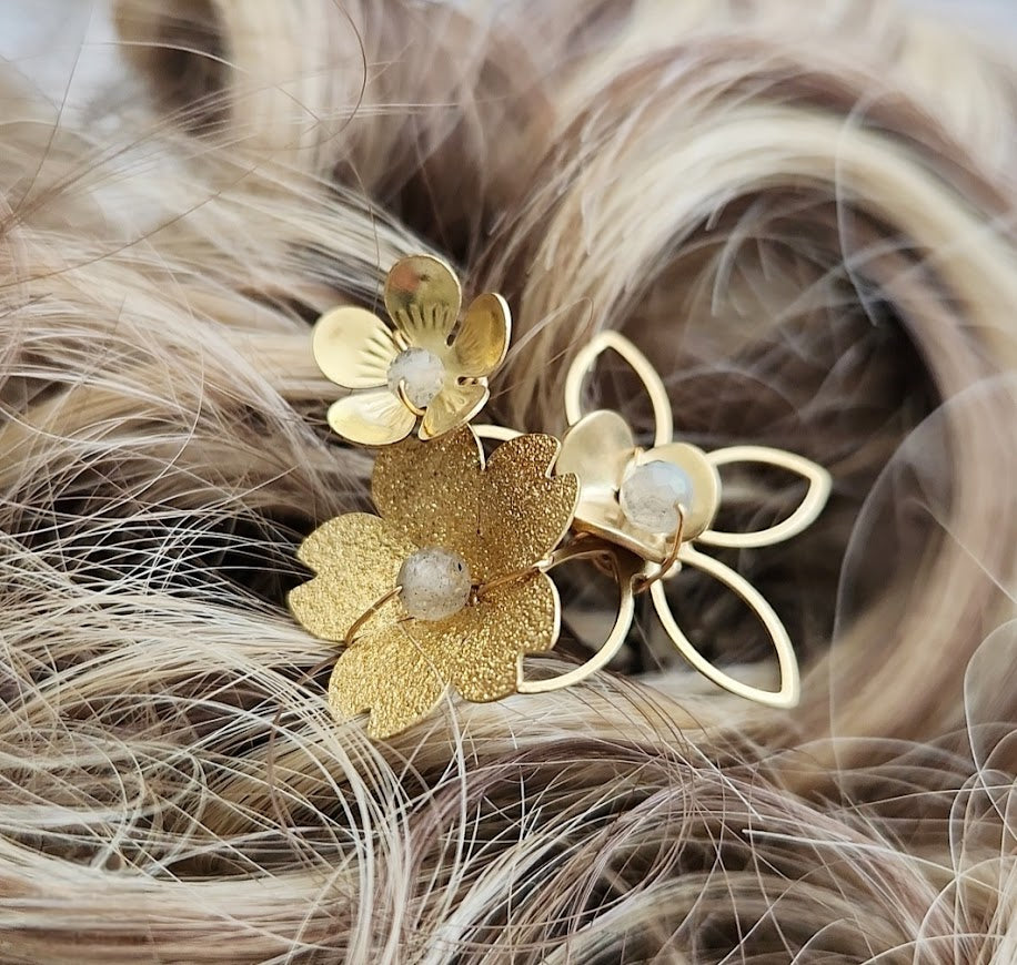 Brass Flower with Citrine and Ethiopian Opal Hairpins
