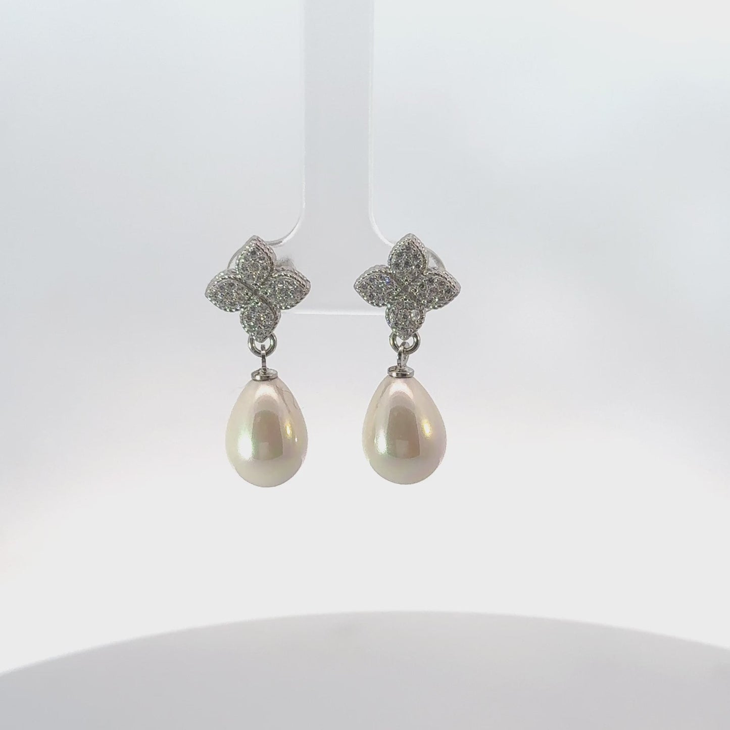 Clover Flower Pearl Drop Cz Earrings Silver