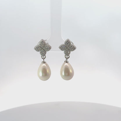Clover Flower Pearl Drop Cz Earrings Silver