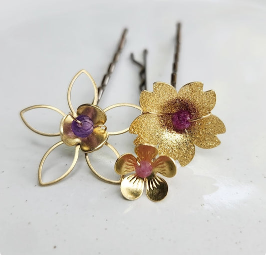 Brass Flower and Amethyst, Ruby and Tourmaline Hairpins
