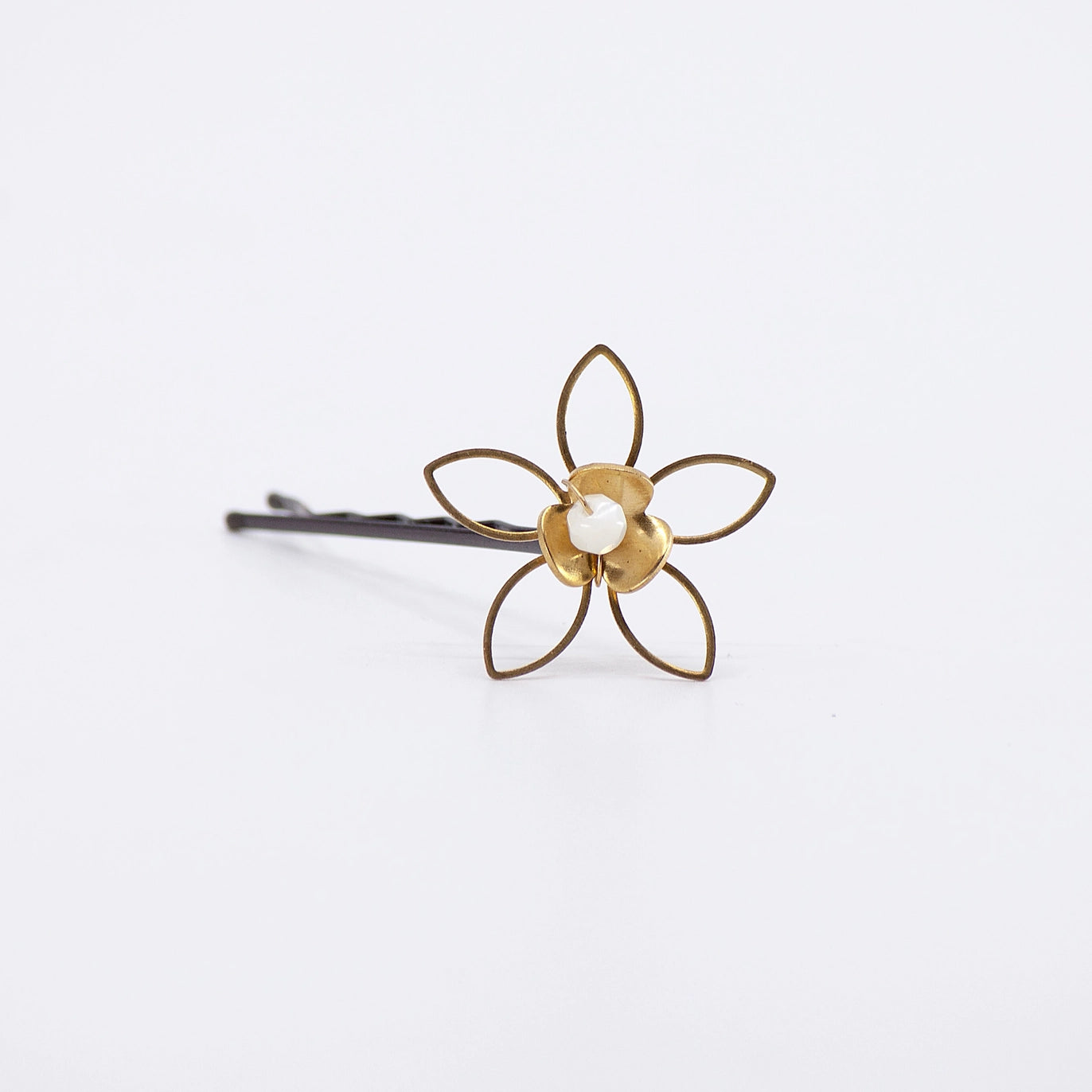 Brass Flower and Mother of Pearl, Pearl, Moonstone Hairpins
