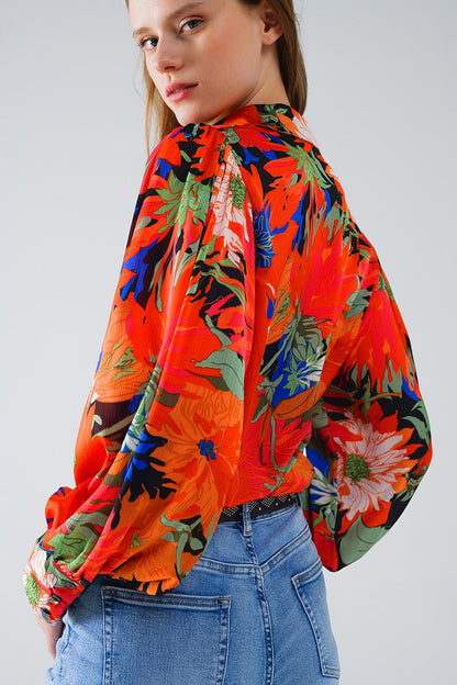 Floral Balloon Sleeves Chiffon Shirt in Black